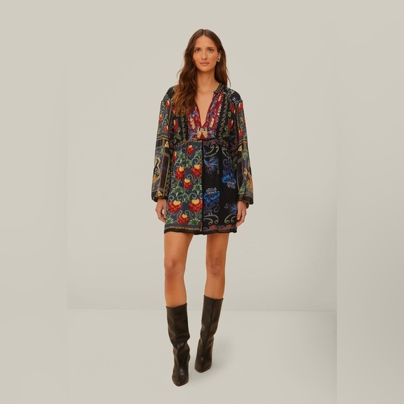 FARM Rio Dresses & Skirts - FARM RIO Black Mixed Arabesque Scarves Long Sleeve Mini Dress S